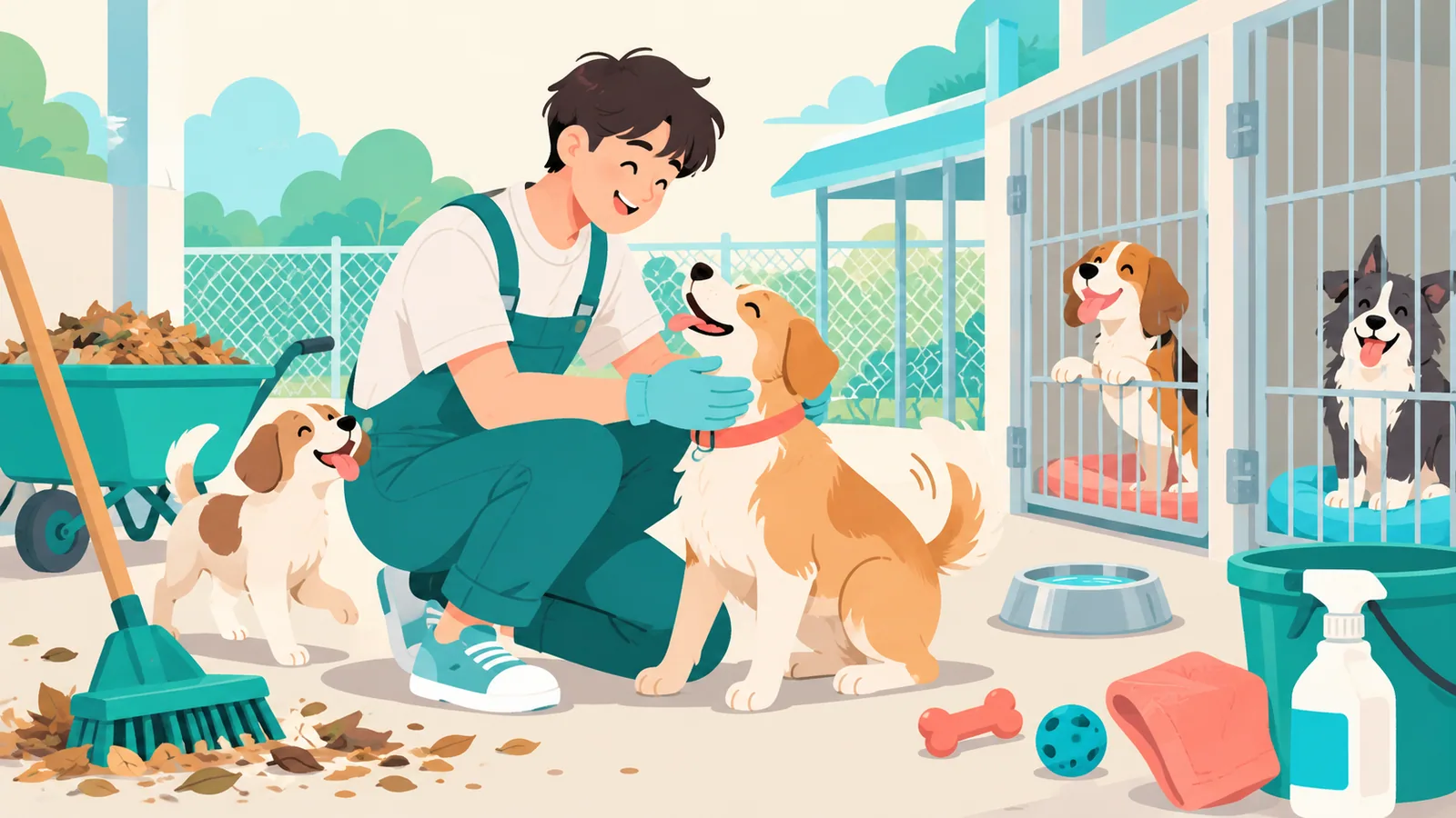 青年義工在動物庇護所照顧小狗，旁邊有清潔工具、食水及玩具。