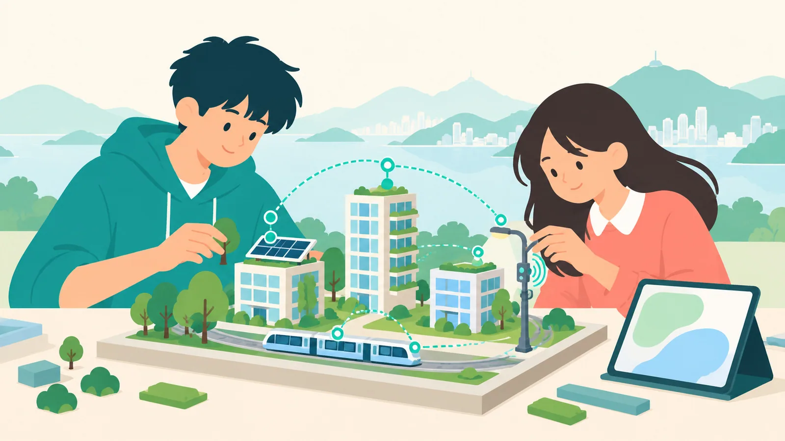 AI示意圖：兩名學生製作結合綠色建築、列車及感應街燈的智慧城市模型。