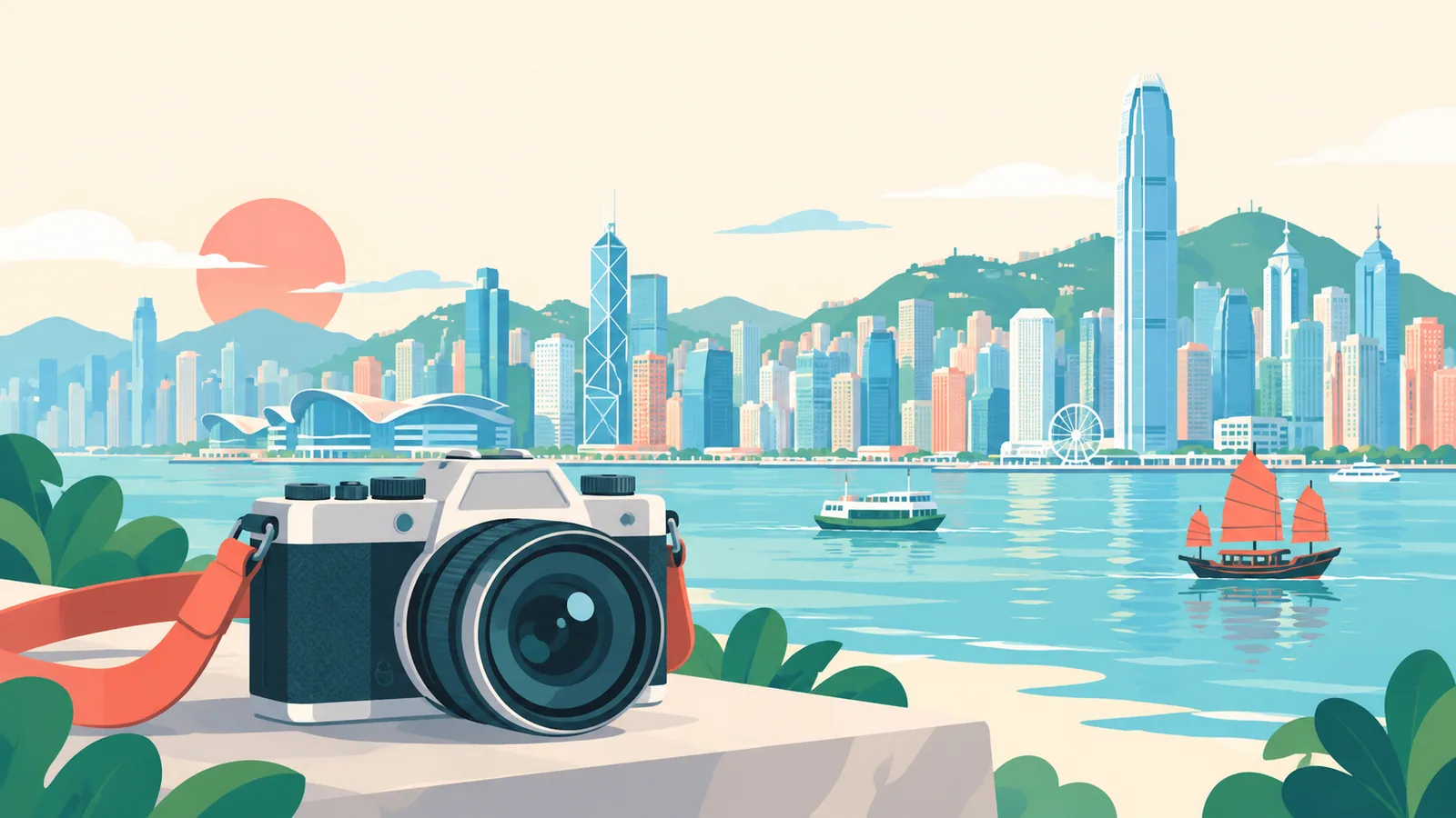 相機前方呈現香港海港城市天際線與水岸景色。 AI 原創示意圖，並非活動實況。