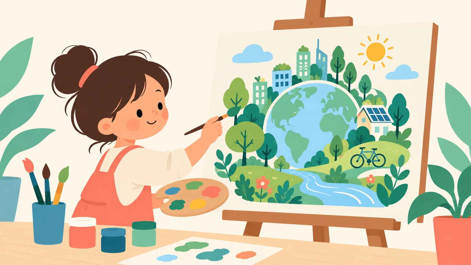 AI示意圖：孩子以畫筆描繪綠色城市和未來地球，畫中有樹木、單車及太陽能屋頂；並非參賽作品。