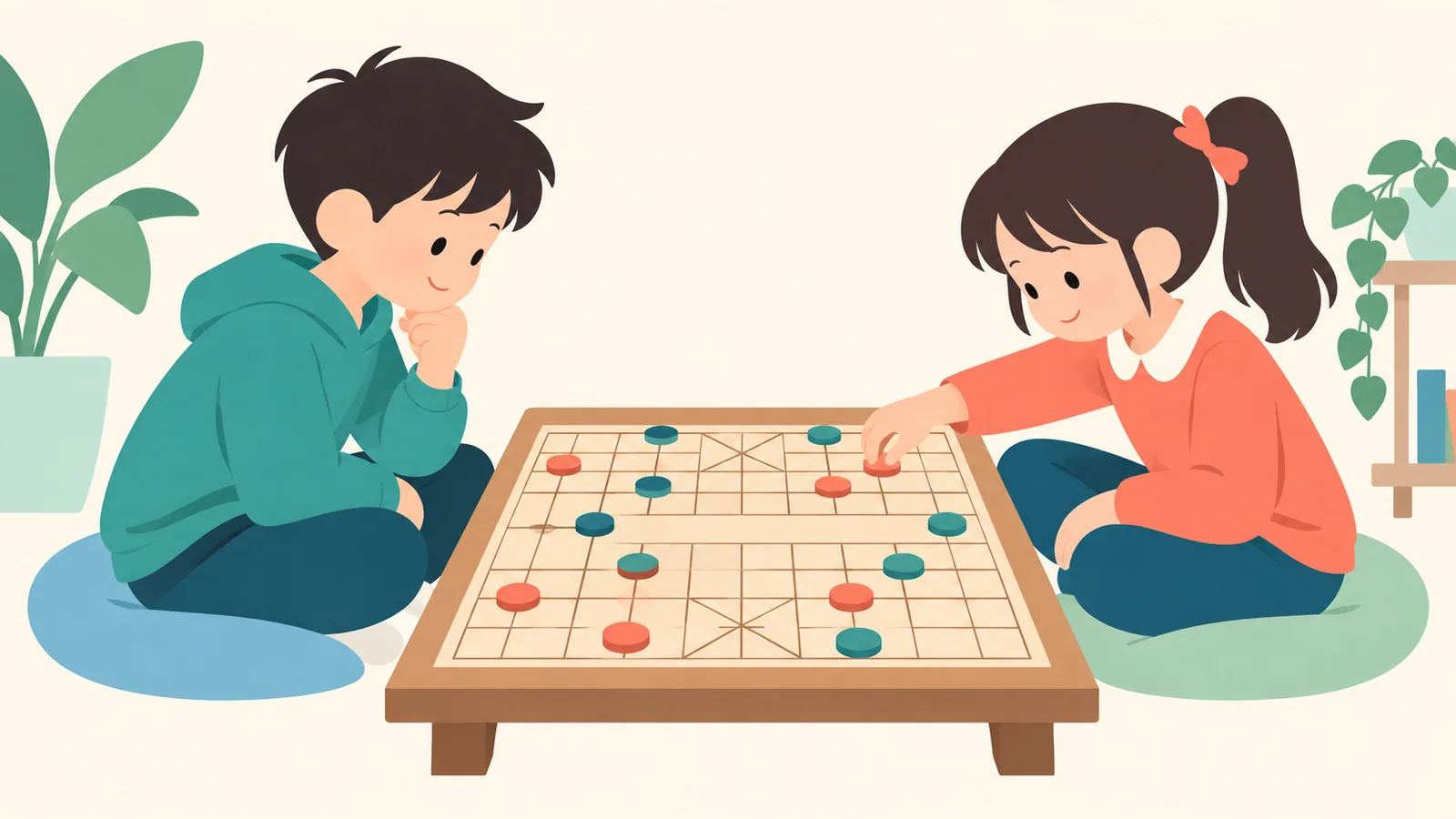 AI示意圖：兩名學生在棋桌前思考象棋策略，棋子以無字圓片作概念呈現。