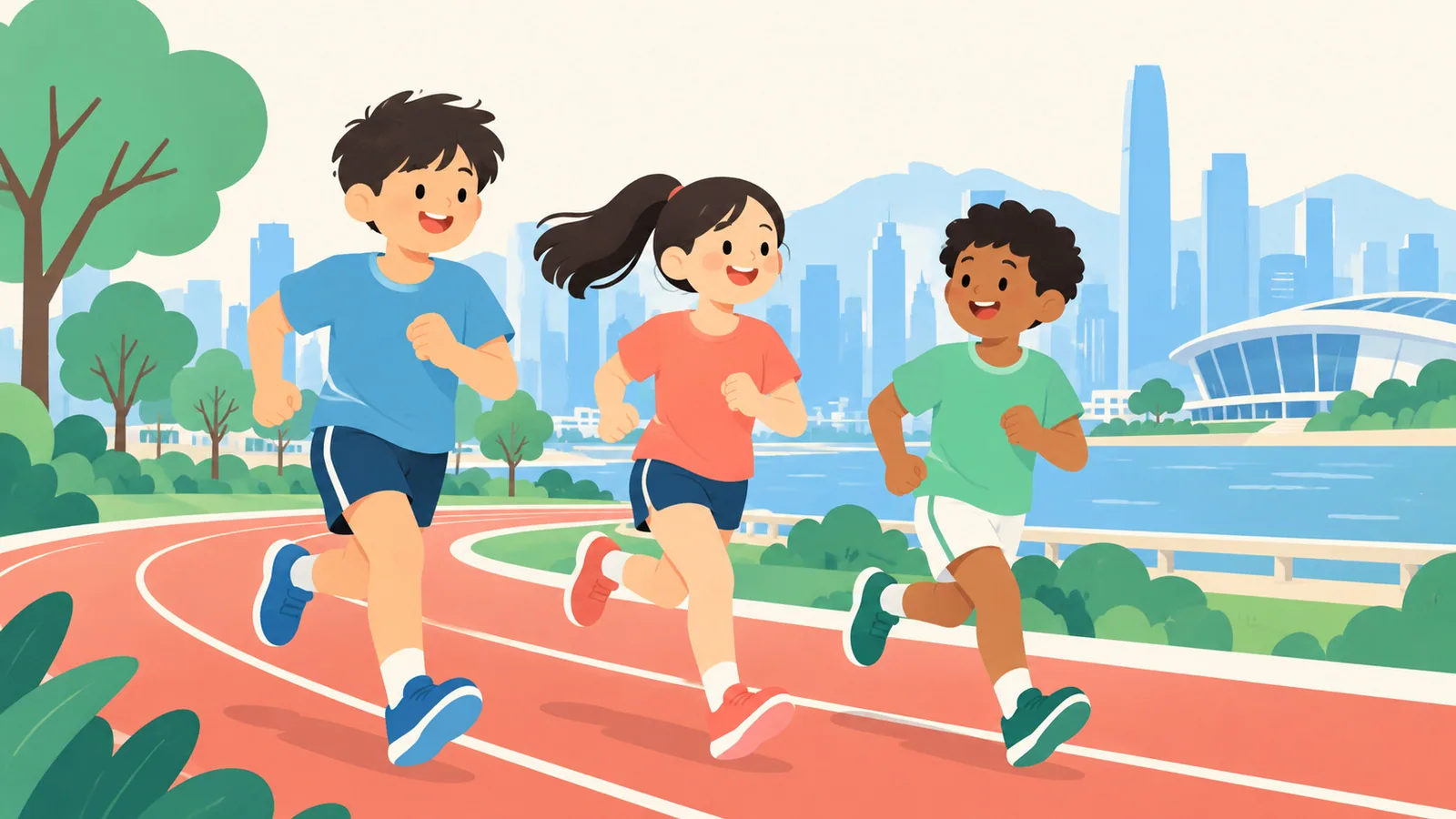 AI示意圖：三名青少年在城市運動場跑道上輕鬆跑步，背景是簡化的啟德城市景觀。