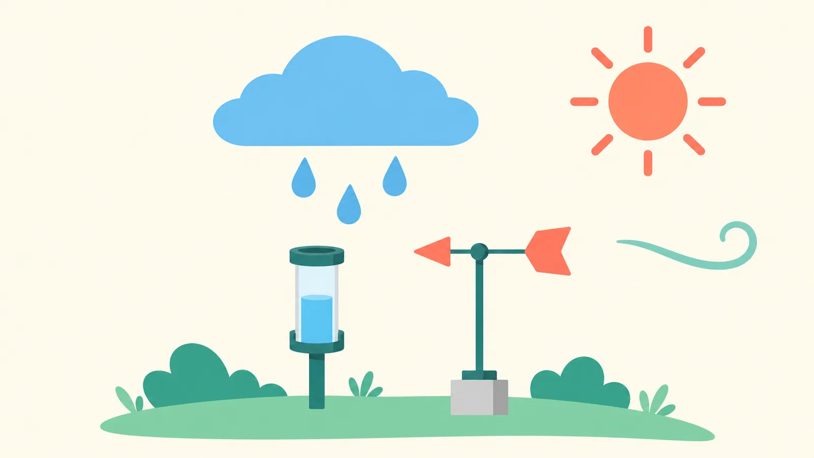 雲、雨點、太陽及風線圍繞簡化雨量計與風向儀，象徵氣象觀測。