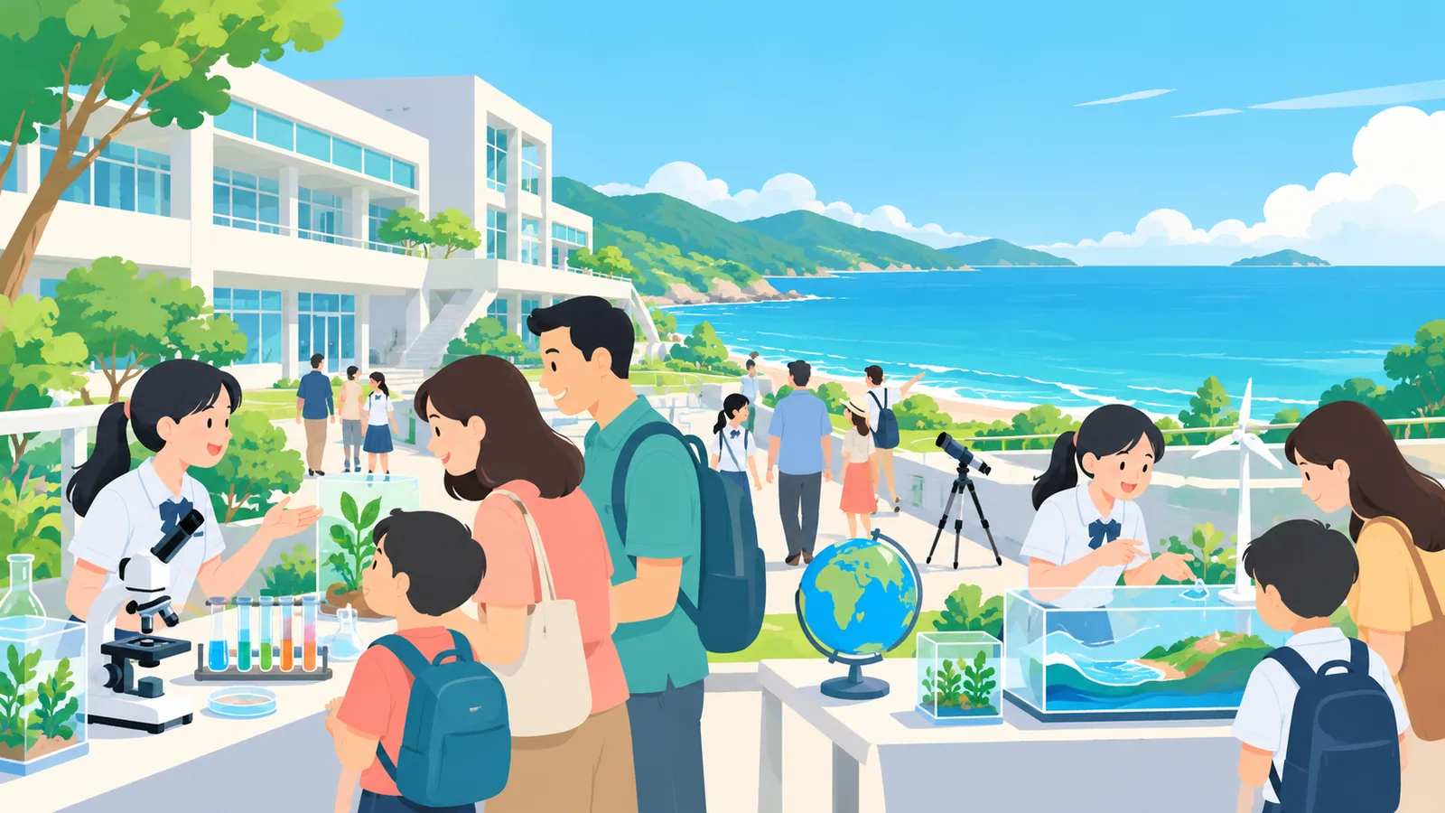 家長與學生參觀面海校園的科學展示,桌上有顯微鏡、試管及地球儀。