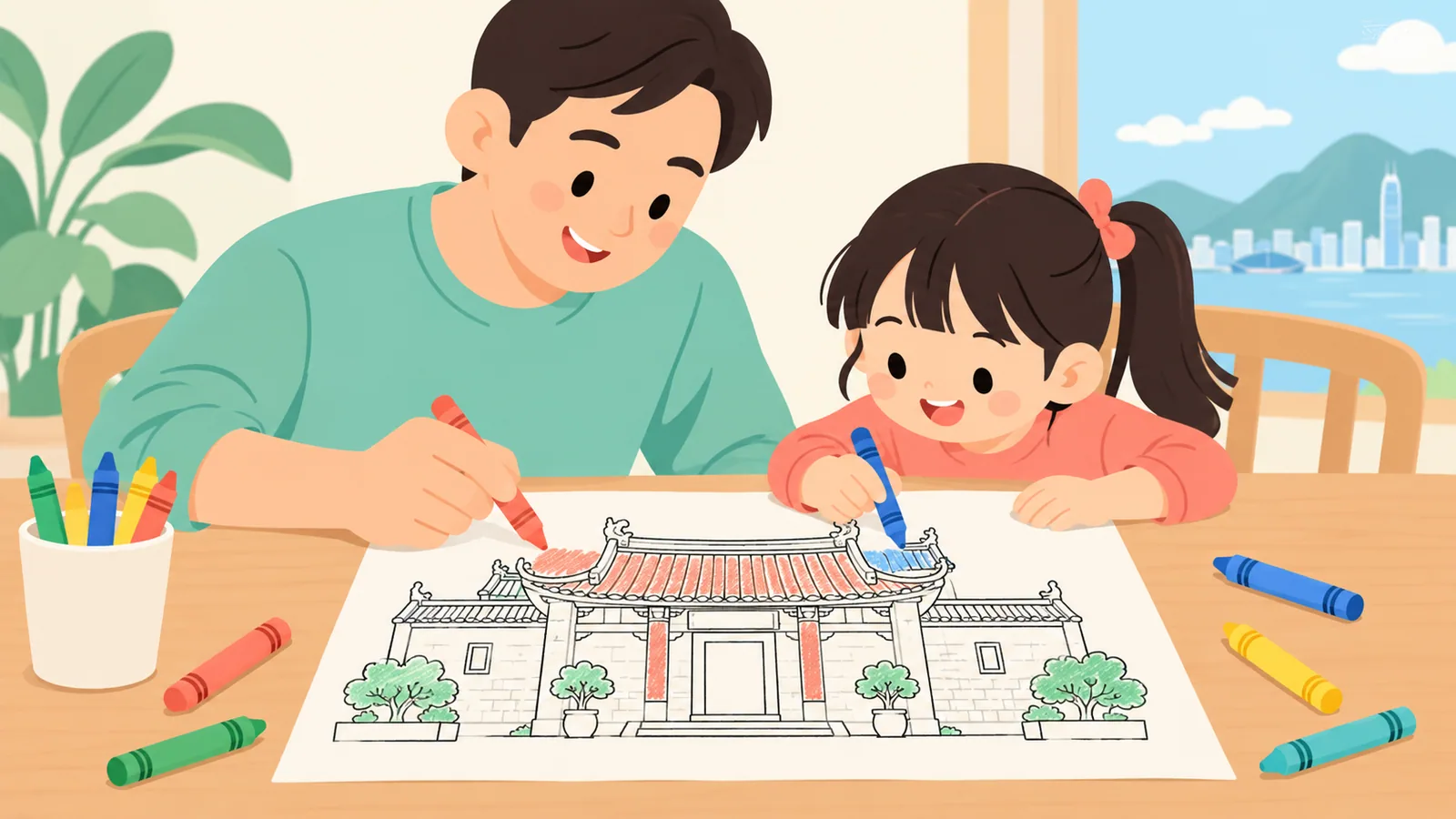 親子用蠟筆為傳統中式建築線稿填色。