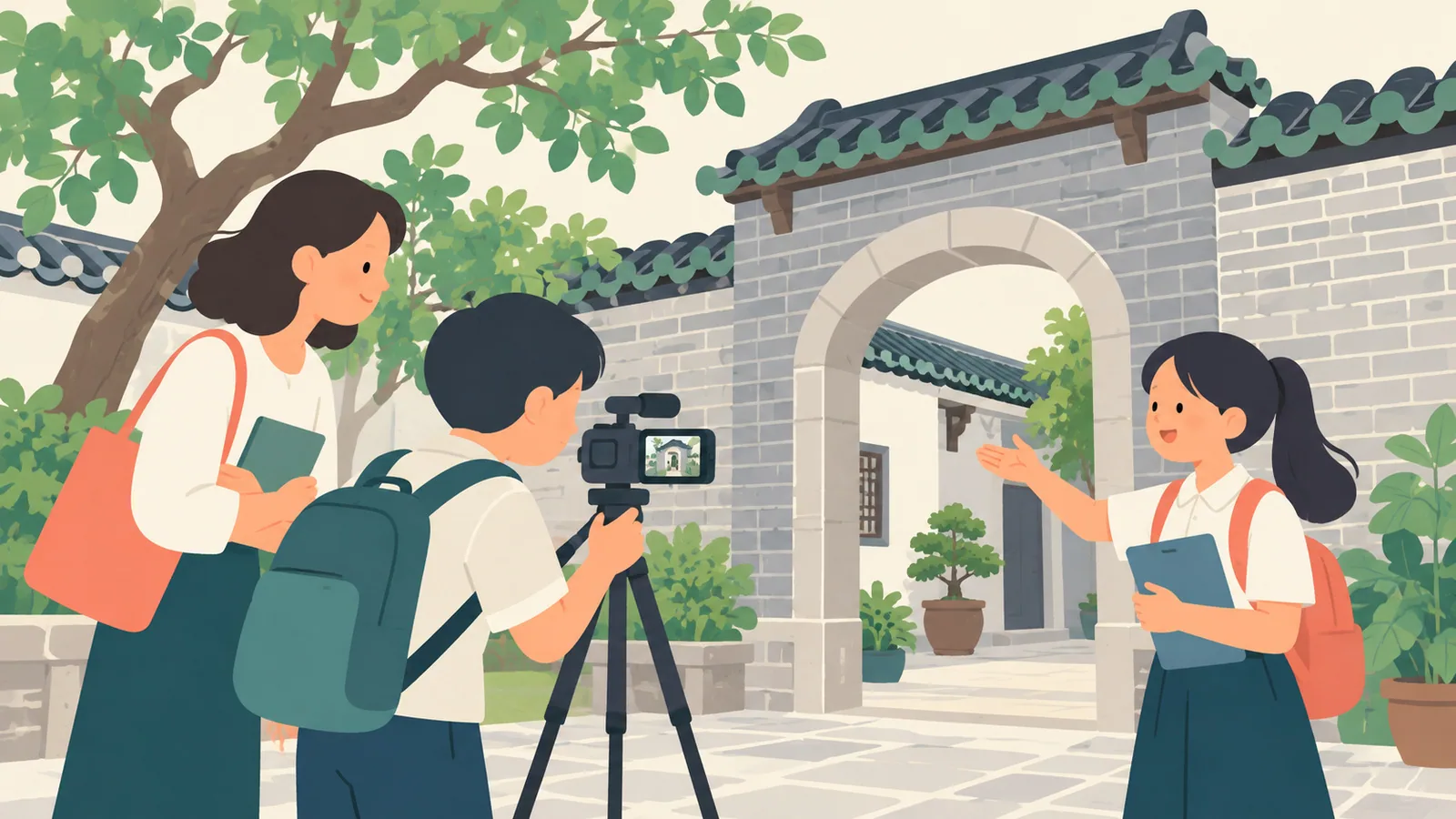 AI編輯示意圖：學生在歷史建築前實地拍攝導賞短片，一人講解、一人操作攝影機；非參賽短片畫面。