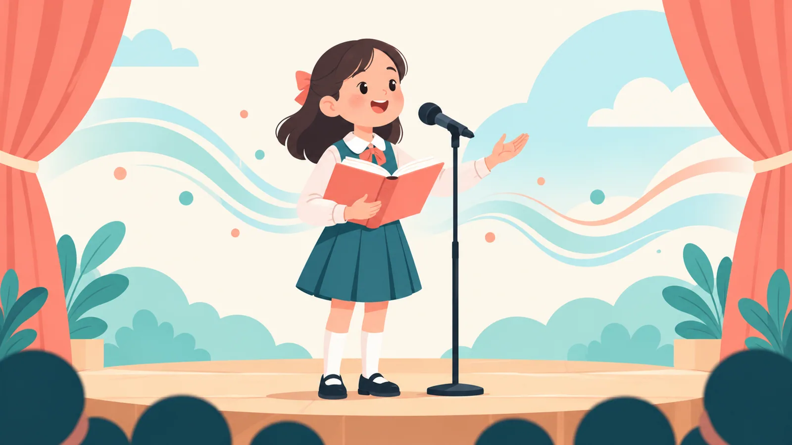 AI生成示意圖：小學生在珊瑚色布幕前面對咪高峰朗誦，背景為米白及藍綠波紋。