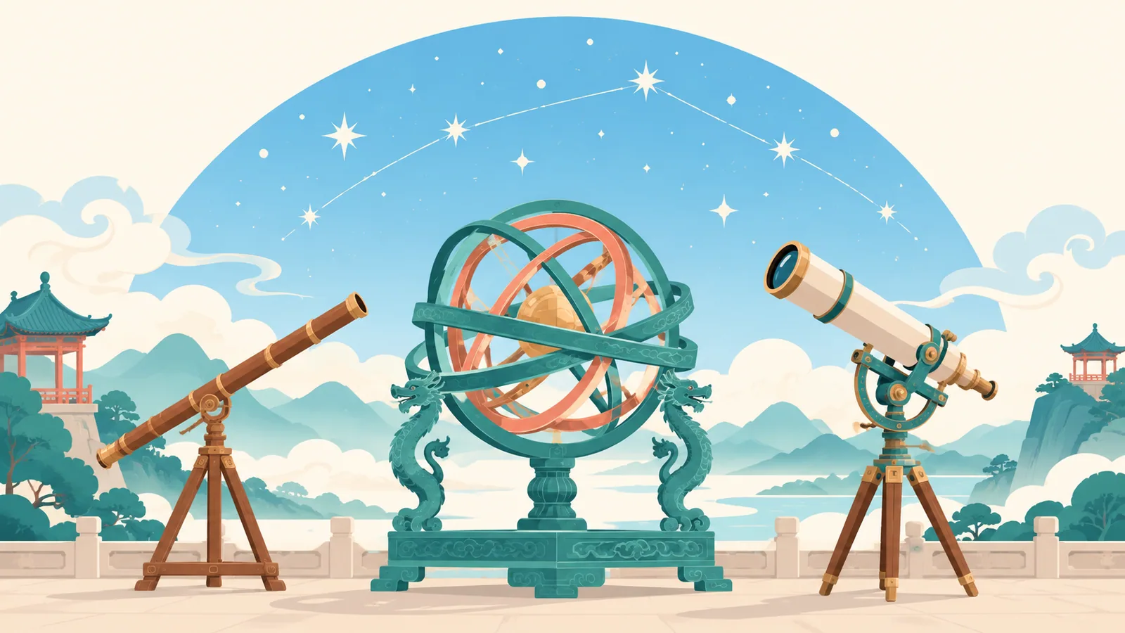 渾天儀置於兩支望遠鏡之間，背景有星座、雲朵和中式亭閣。