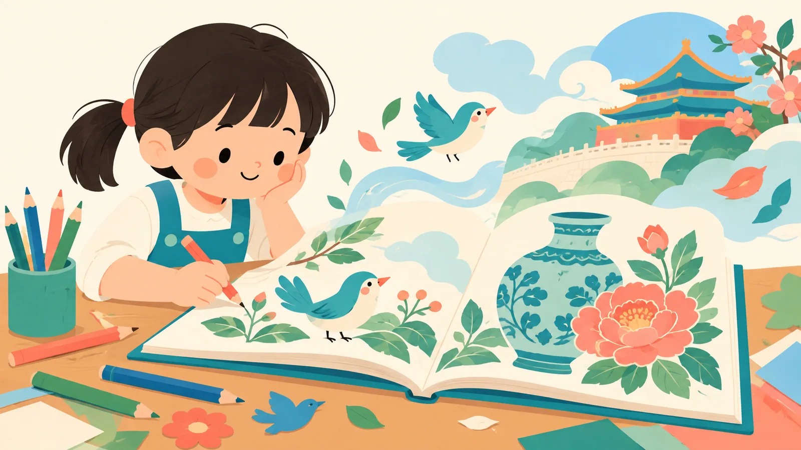 AI示意圖：小學生運用傳統工藝靈感繪製圖畫故事書，書頁上是花卉、器物和想像場景；並非參賽作品。