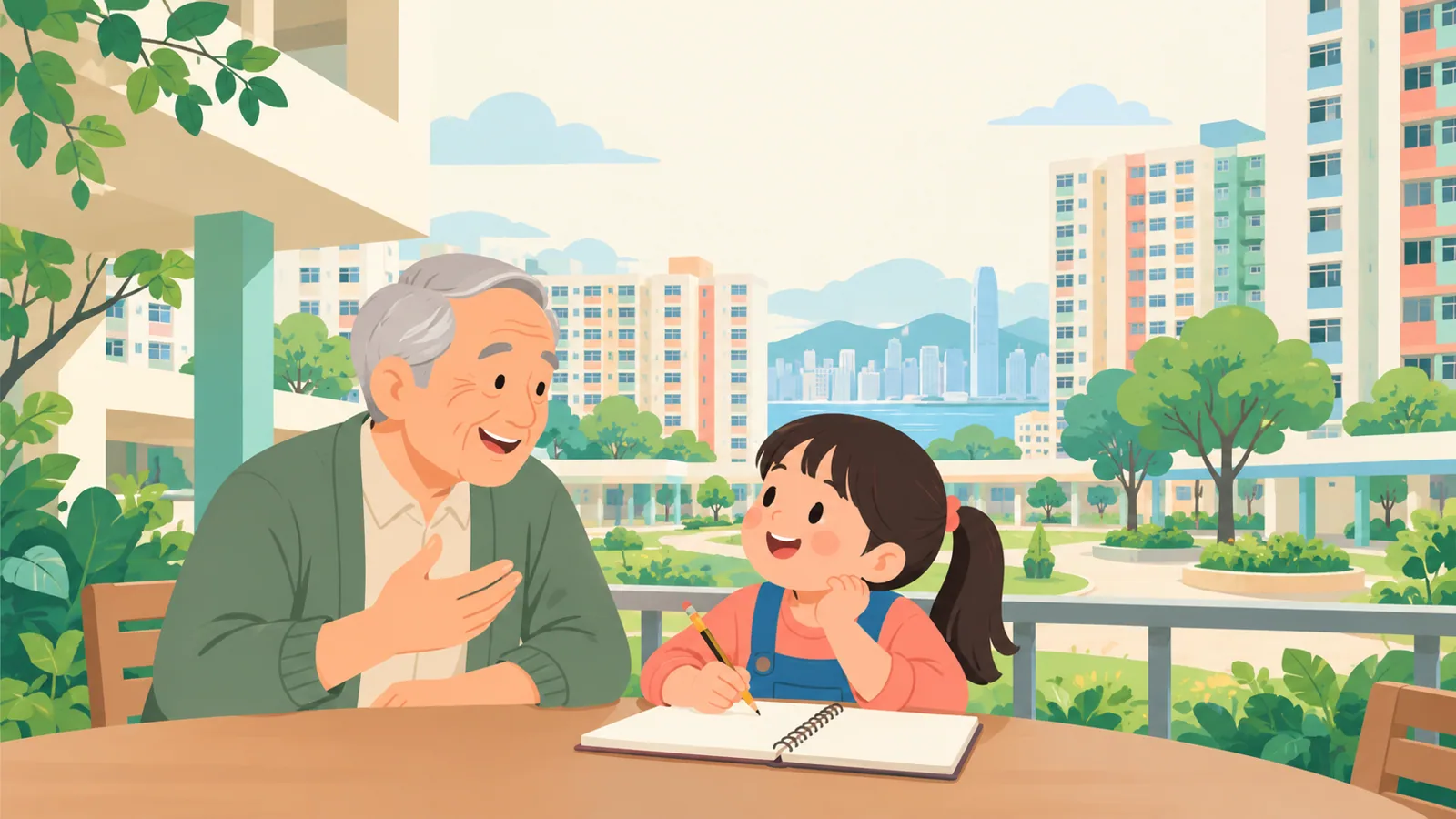 AI生成示意圖：女孩在屋邨花園聆聽長者分享並寫筆記，背景有住宅大樓及綠樹。