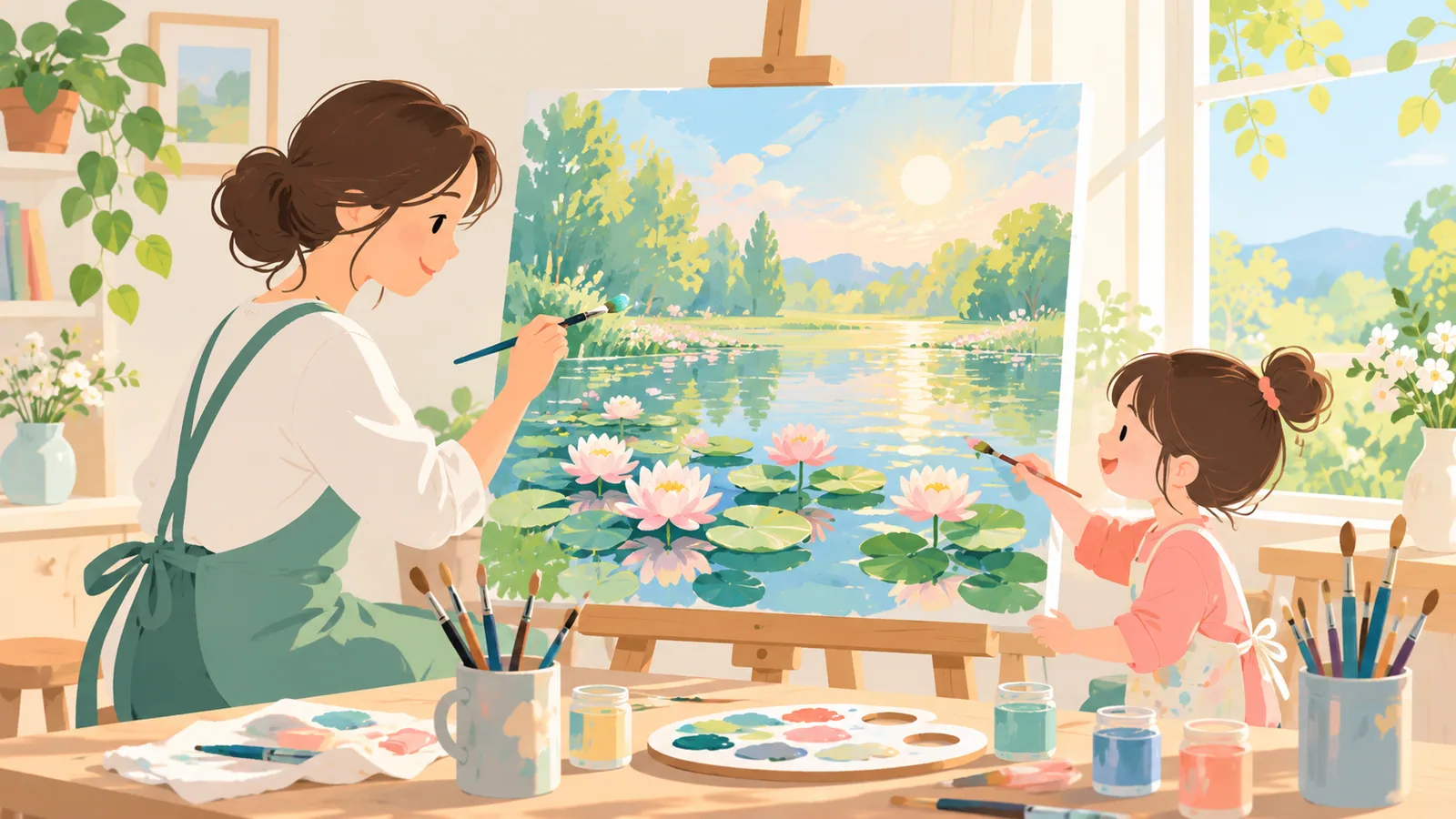 親子在畫室用畫筆描繪睡蓮池塘,桌上有顏料及調色碟。