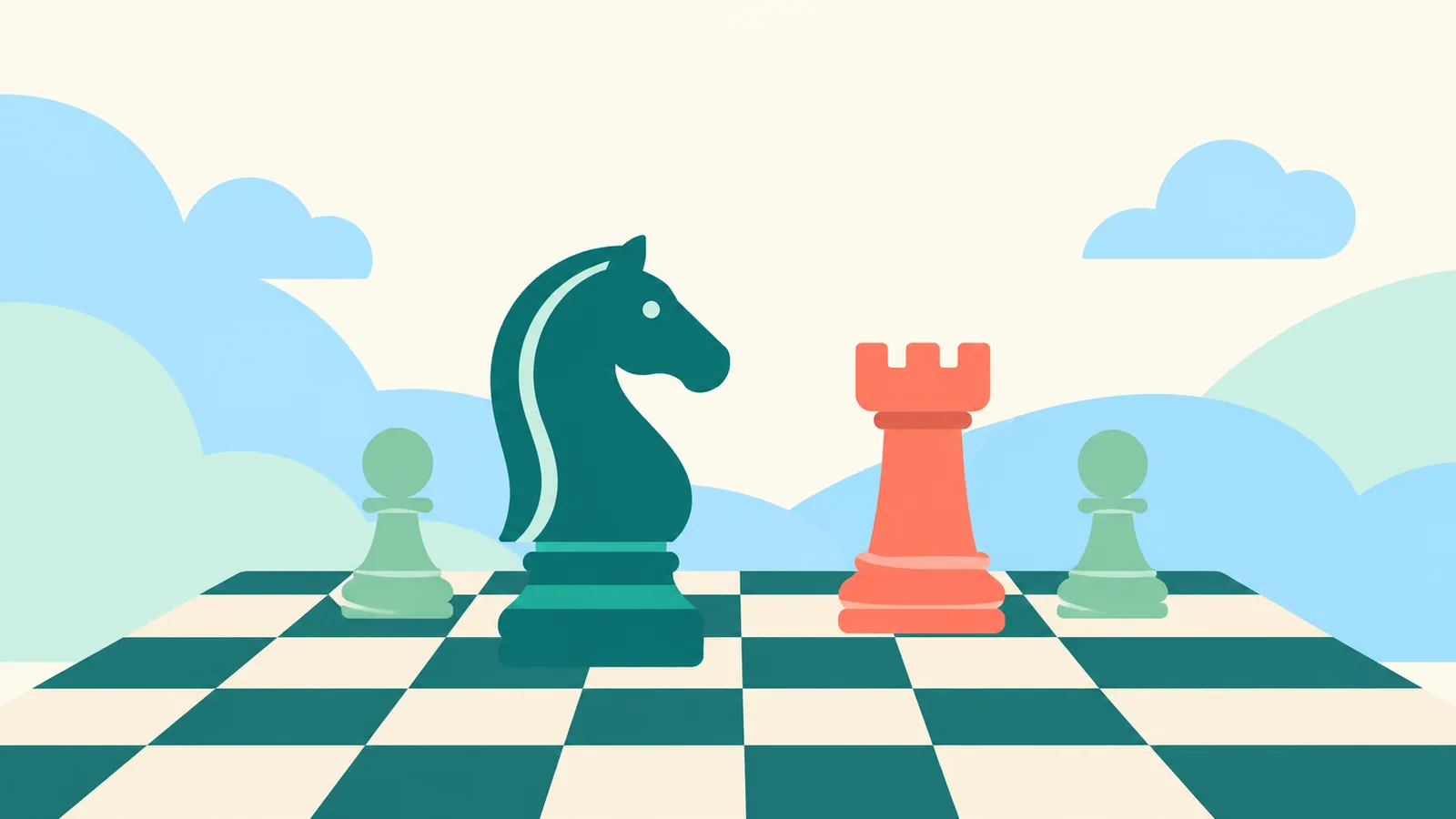 棋盤上排列馬、城堡及兩枚兵棋，背景為柔和的藍綠色圖形。