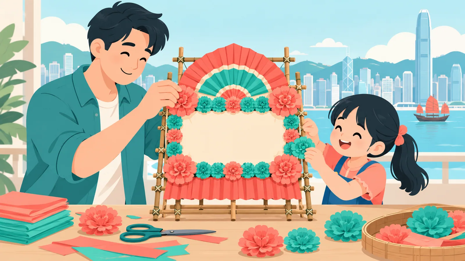 親子製作竹架紙花花牌，中央留白，桌上有紙花和彩紙。