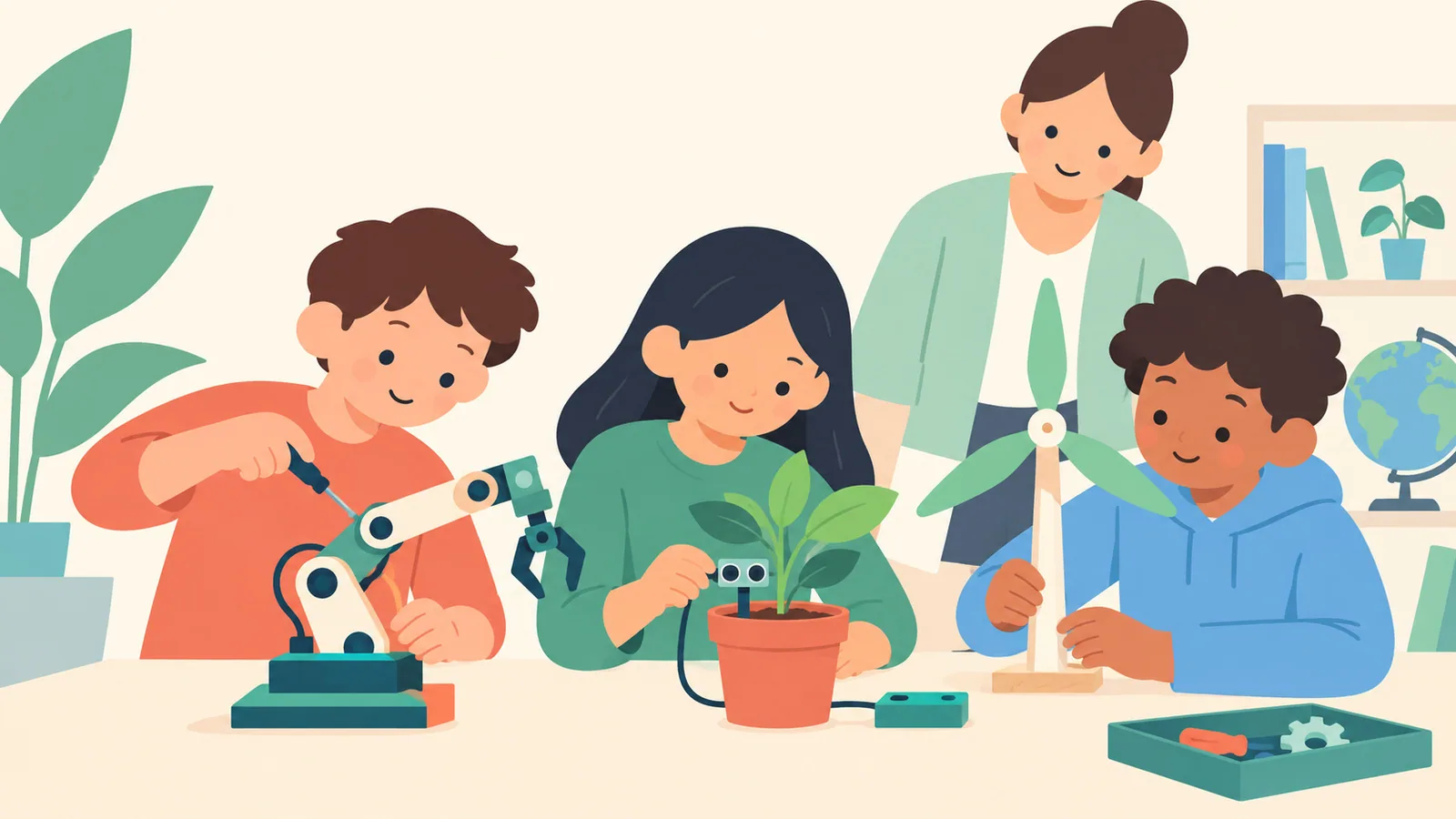 AI示意圖：學生在老師陪同下協作製作機械臂、植物感應器及風力模型。